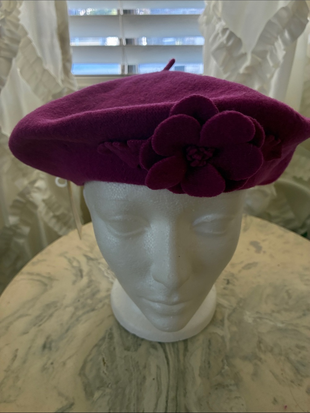 New Kate Landry wool beret felt flower applique raspberry